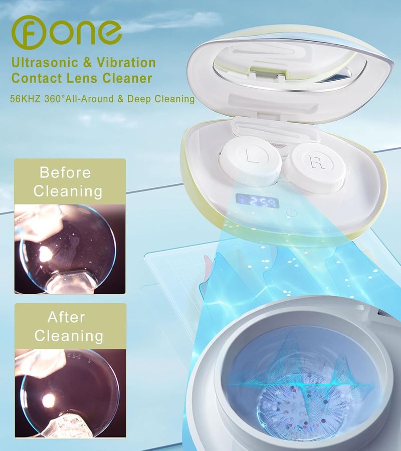 ofone Contact Lens Cleaner, Ultrasonic Contact Lens Cleaning Machine with USB Charger, Timer Display and 5 Contact Solution Cases Kit Replacement for Soft Hard Colored RGP Lenses (Avocado Green) - Image 2